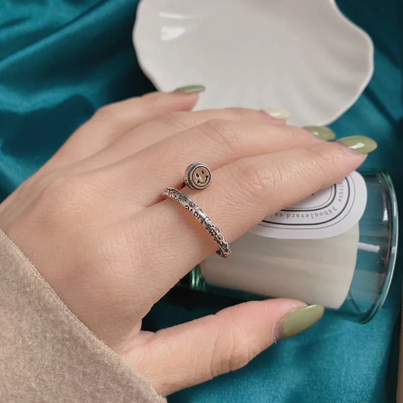 Retro Smile Face Graffiti Nail Adjustable Open Ring For Women Punk Gothic Copper Unisex Jewelry Edgy Couple Accessories Gift