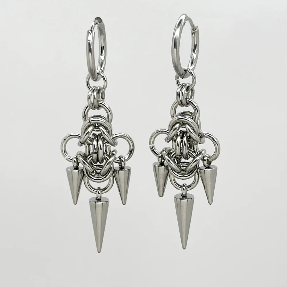 Handmade Stainless Steel Byzantine Chainmail Spike Hoop Earrings for Women Gothic Punk Grunge Piercing Barbell Dangle Earrings