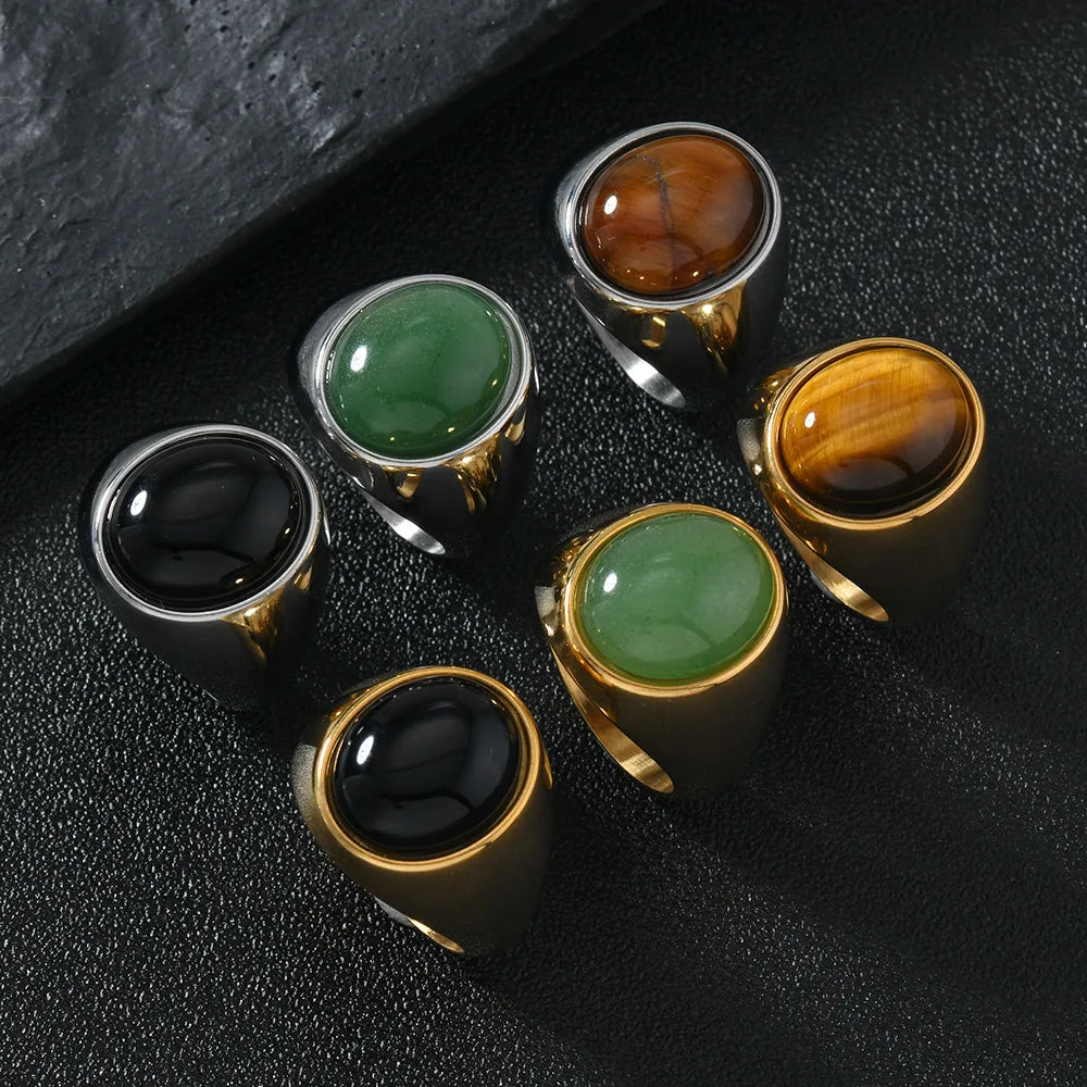 HNSP 316L Stainless Steel Oval Natural Stone Ring For Men Women Finger Vintage Jewelry Black Green Tiger Eye Male Rings