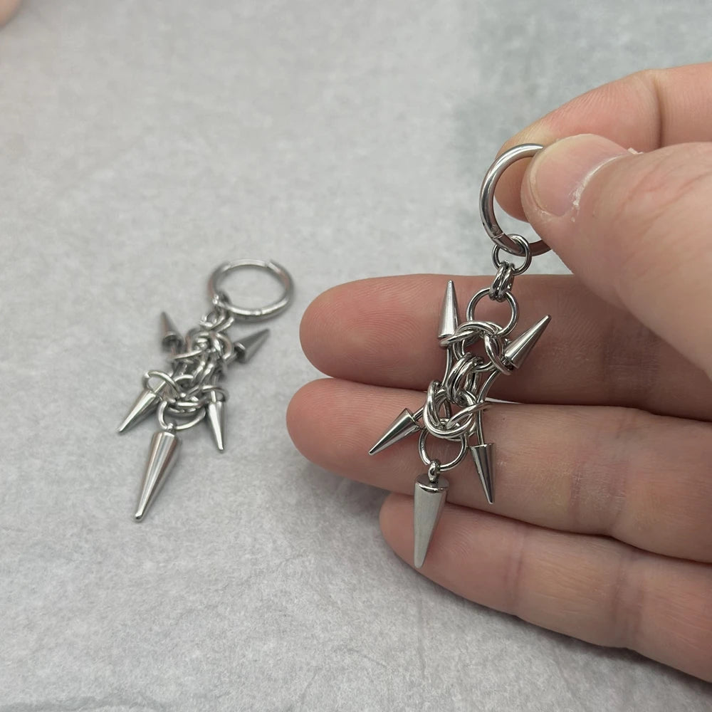 Handmade Stainless Steel Byzantine Chainmail Spike Hoop Earrings for Women Gothic Punk Grunge Piercing Barbell Dangle Earrings