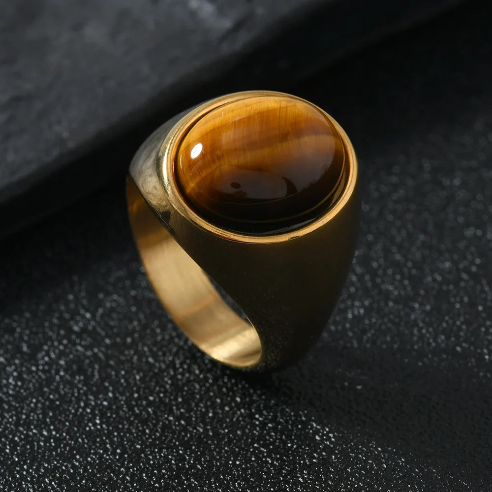 HNSP 316L Stainless Steel Oval Natural Stone Ring For Men Women Finger Vintage Jewelry Black Green Tiger Eye Male Rings