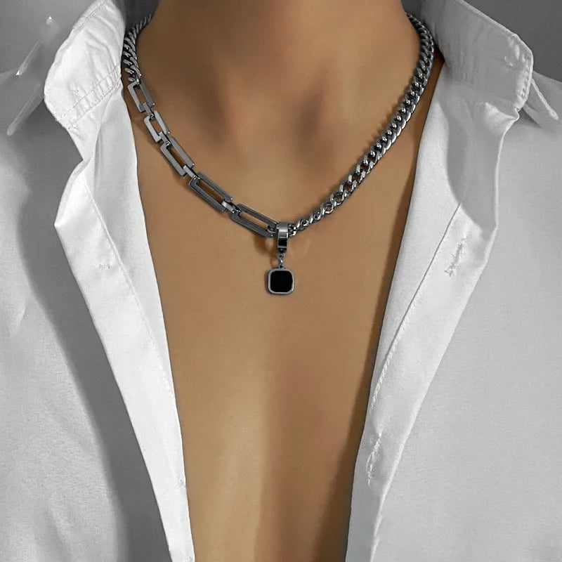 Stainless Steel Cuban Chain Choker Necklace for Men Black Square Pendant Necklace Male Neck Chains Cool Hip Hop Neck Jewelry New