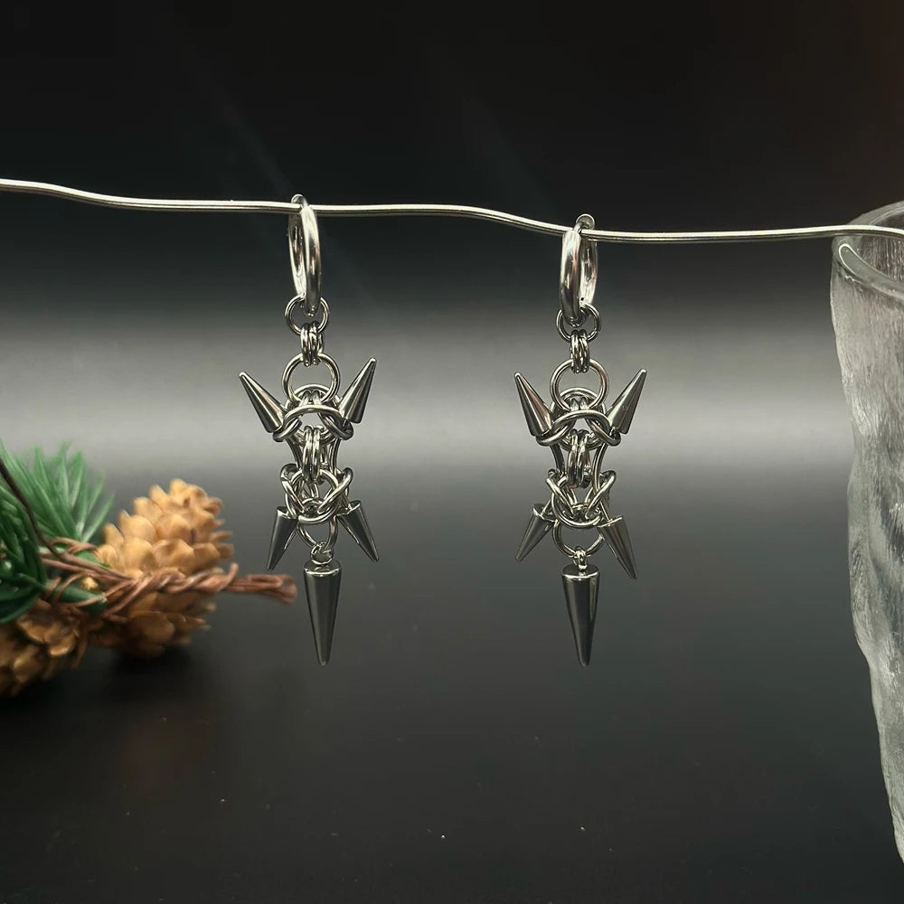 Handmade Stainless Steel Byzantine Chainmail Spike Hoop Earrings for Women Gothic Punk Grunge Piercing Barbell Dangle Earrings