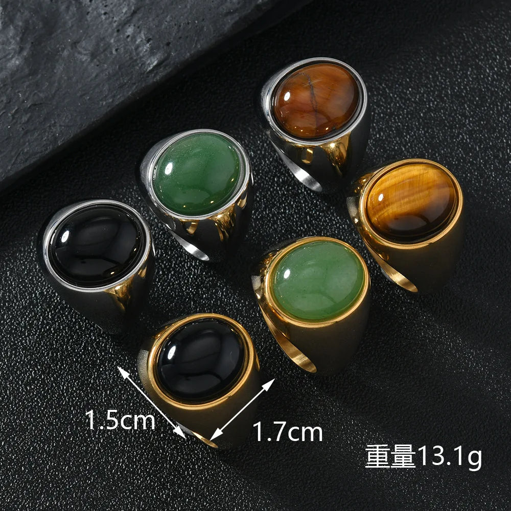 HNSP 316L Stainless Steel Oval Natural Stone Ring For Men Women Finger Vintage Jewelry Black Green Tiger Eye Male Rings