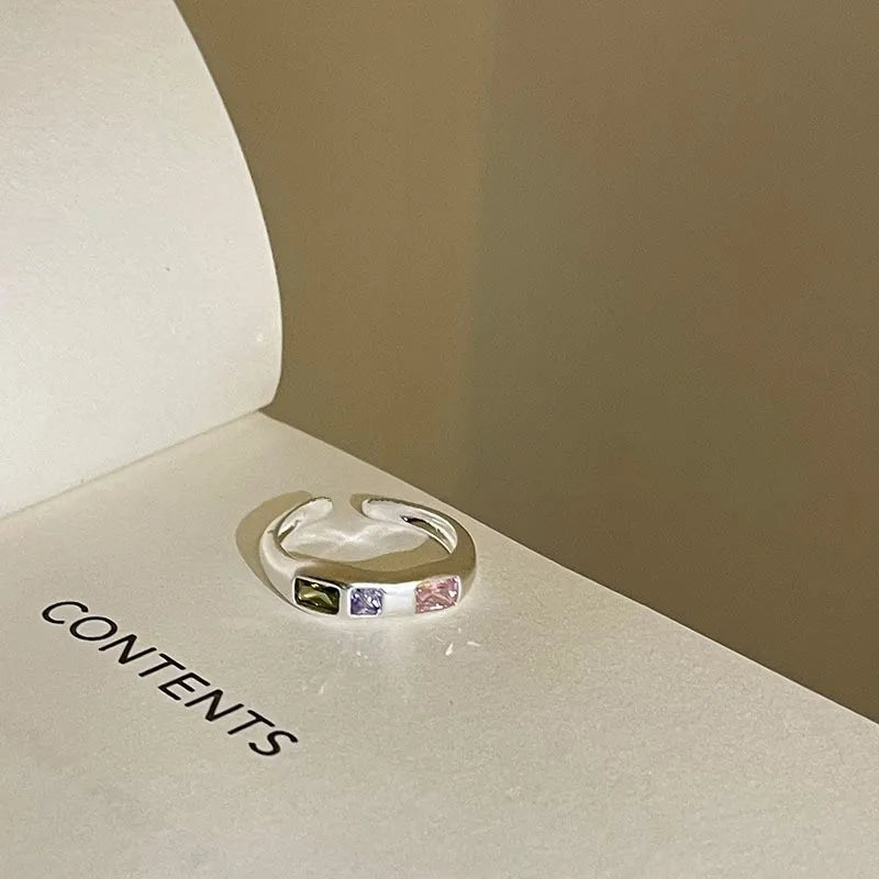 925 Sterling Silver Simple Colorful Heart Stone RingsFor Women Geometric Fashion Smiple Open Handmade Allergy Party Jewelry Gift