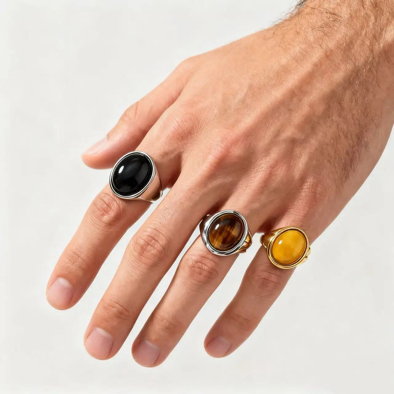 HNSP 316L Stainless Steel Oval Natural Stone Ring For Men Women Finger Vintage Jewelry Black Green Tiger Eye Male Rings