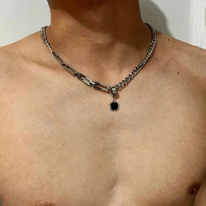 Stainless Steel Cuban Chain Choker Necklace for Men Black Square Pendant Necklace Male Neck Chains Cool Hip Hop Neck Jewelry New