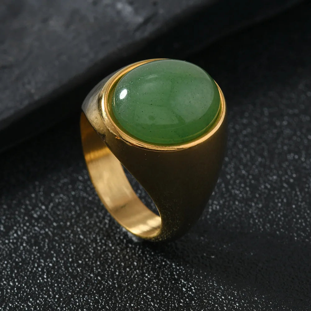 HNSP 316L Stainless Steel Oval Natural Stone Ring For Men Women Finger Vintage Jewelry Black Green Tiger Eye Male Rings