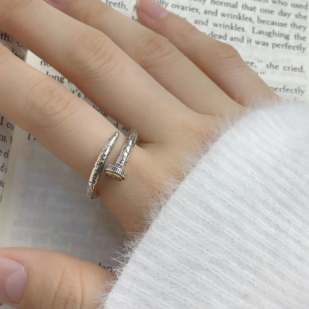 Retro Smile Face Graffiti Nail Adjustable Open Ring For Women Punk Gothic Copper Unisex Jewelry Edgy Couple Accessories Gift