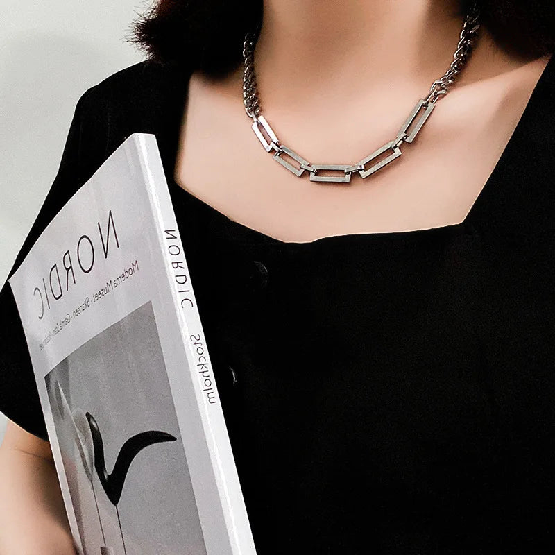Stainless Steel Cuban Chain Choker Necklace for Men Black Square Pendant Necklace Male Neck Chains Cool Hip Hop Neck Jewelry New