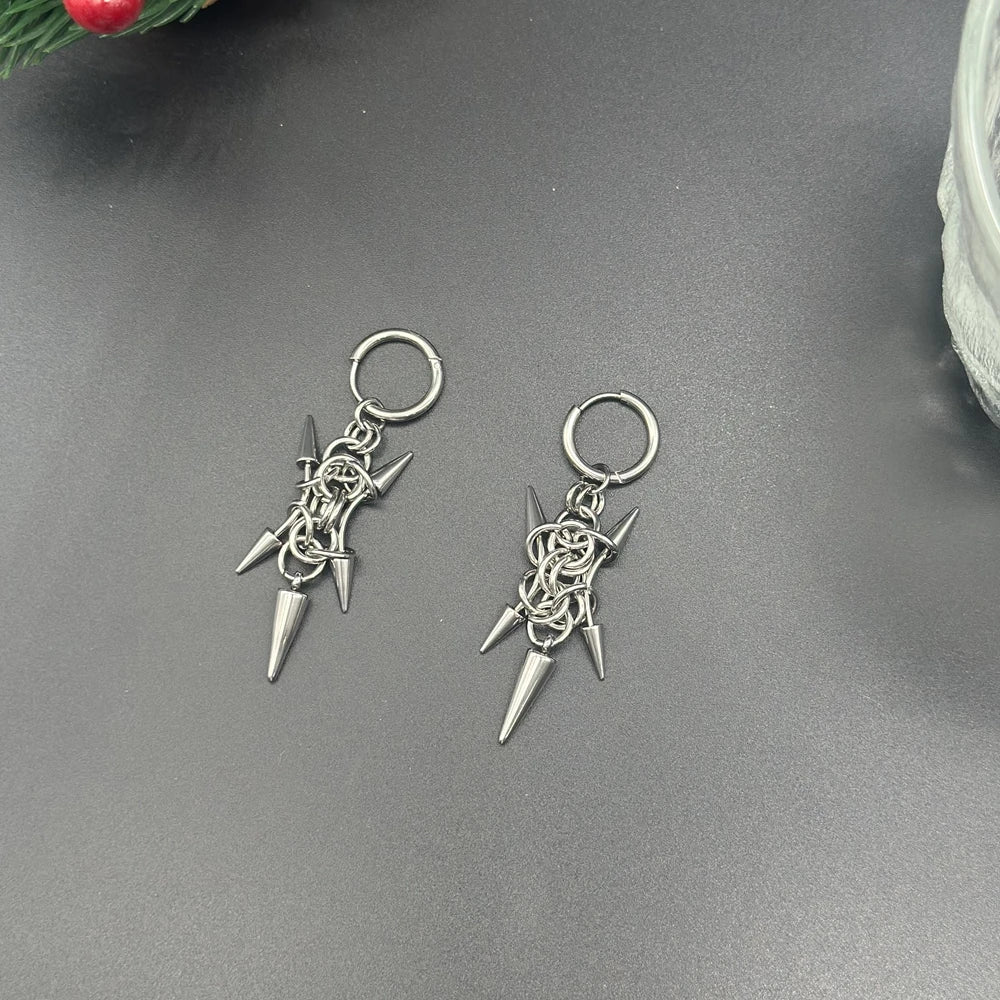 Handmade Stainless Steel Byzantine Chainmail Spike Hoop Earrings for Women Gothic Punk Grunge Piercing Barbell Dangle Earrings
