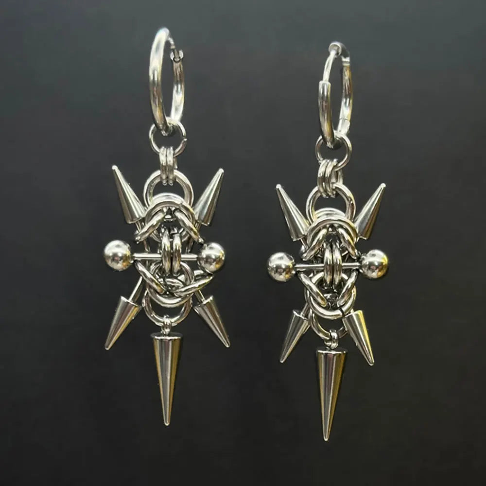 Handmade Stainless Steel Byzantine Chainmail Spike Hoop Earrings for Women Gothic Punk Grunge Piercing Barbell Dangle Earrings