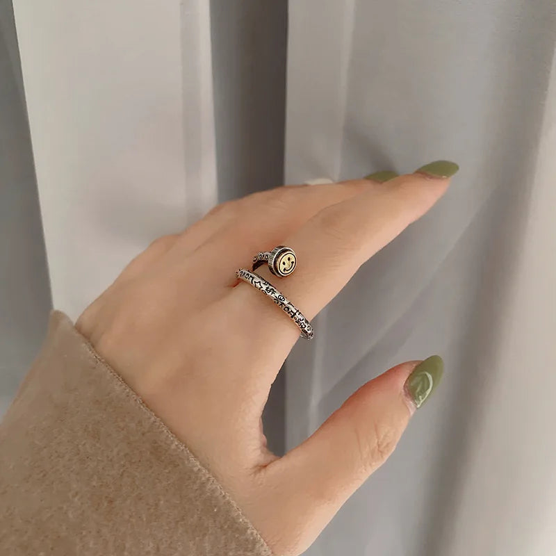 Retro Smile Face Graffiti Nail Adjustable Open Ring For Women Punk Gothic Copper Unisex Jewelry Edgy Couple Accessories Gift