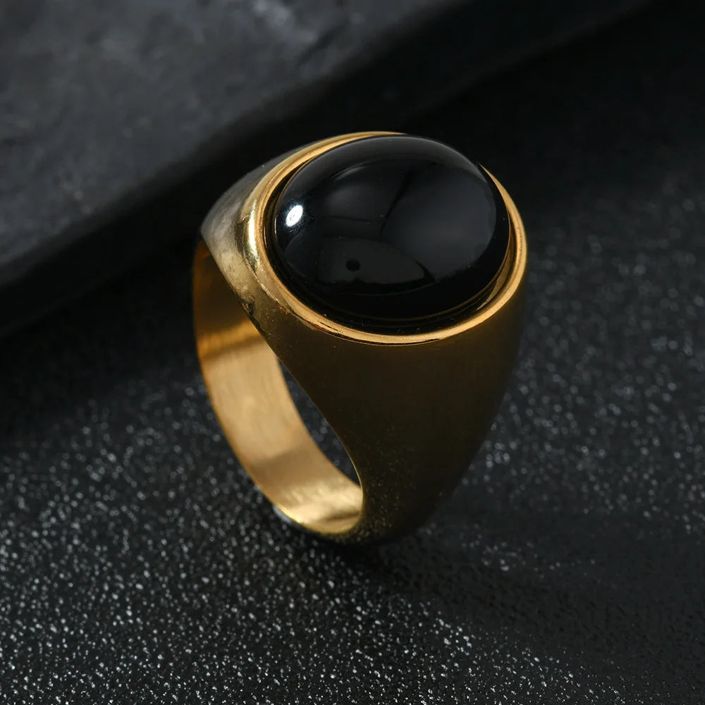 HNSP 316L Stainless Steel Oval Natural Stone Ring For Men Women Finger Vintage Jewelry Black Green Tiger Eye Male Rings
