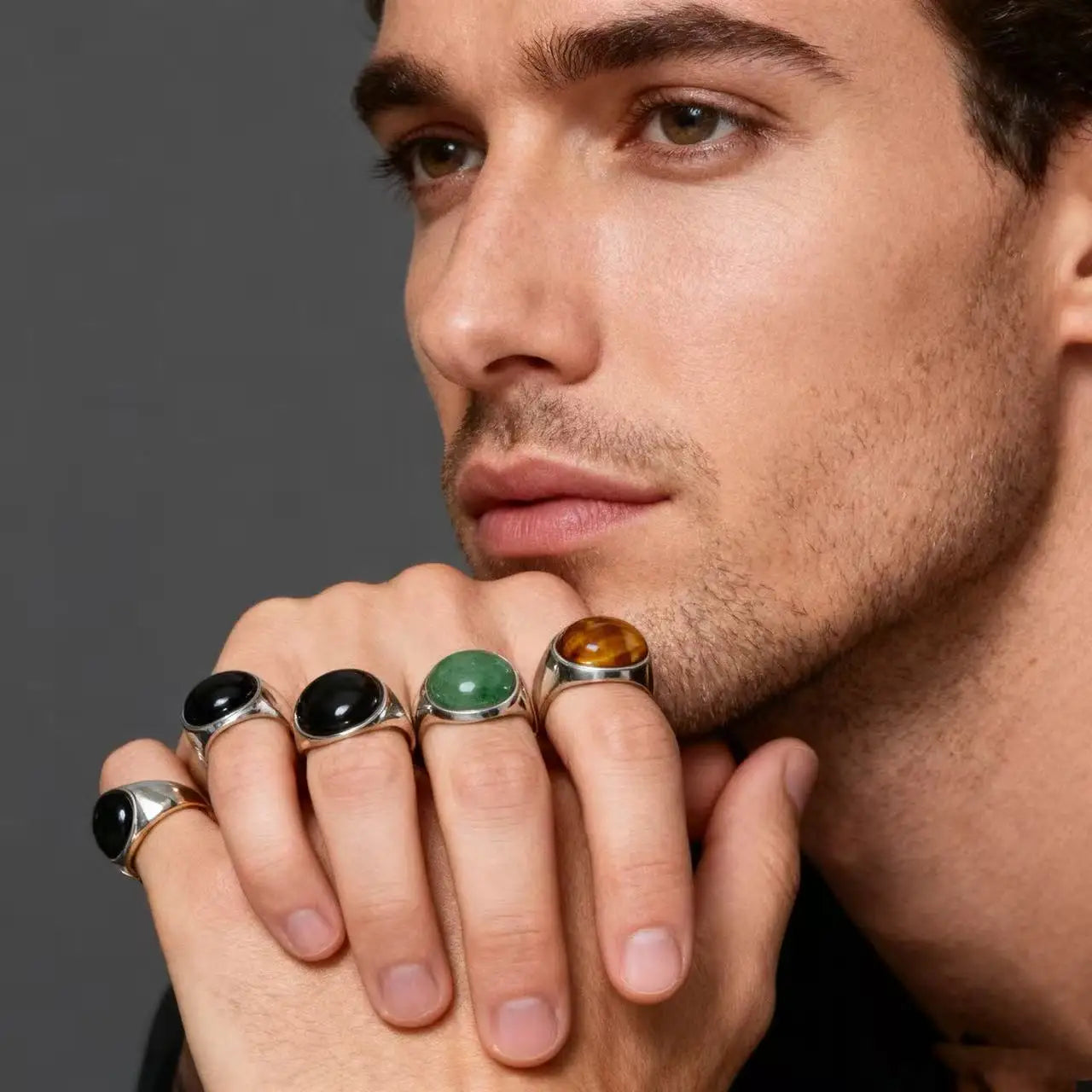 HNSP 316L Stainless Steel Oval Natural Stone Ring For Men Women Finger Vintage Jewelry Black Green Tiger Eye Male Rings
