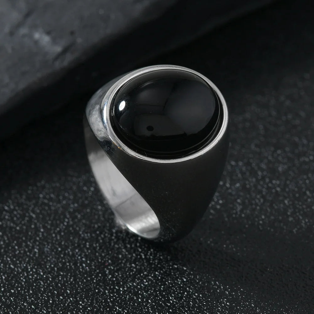 HNSP 316L Stainless Steel Oval Natural Stone Ring For Men Women Finger Vintage Jewelry Black Green Tiger Eye Male Rings