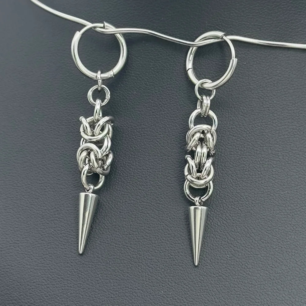 Handmade Stainless Steel Byzantine Chainmail Spike Hoop Earrings for Women Gothic Punk Grunge Piercing Barbell Dangle Earrings