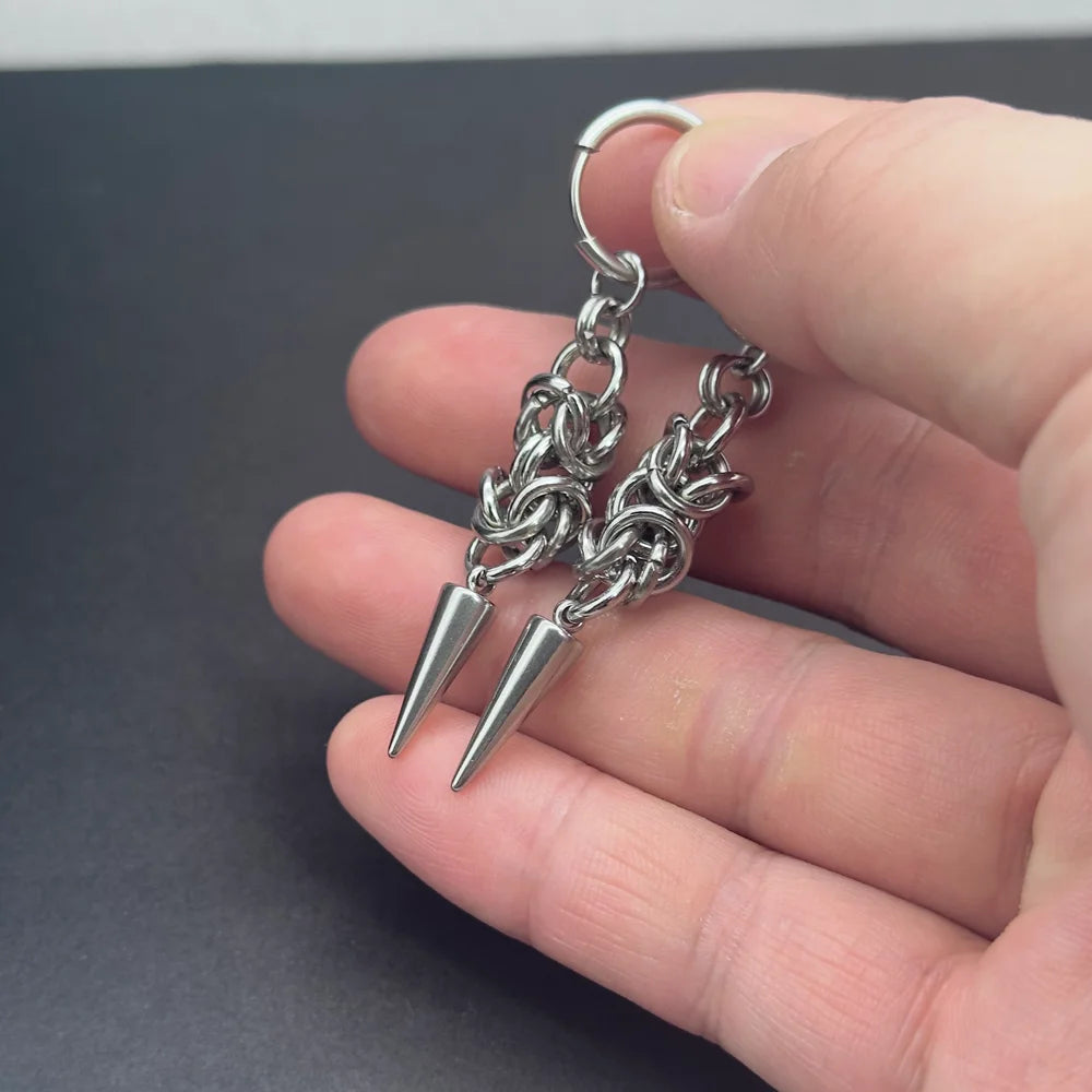 Handmade Stainless Steel Byzantine Chainmail Spike Hoop Earrings for Women Gothic Punk Grunge Piercing Barbell Dangle Earrings
