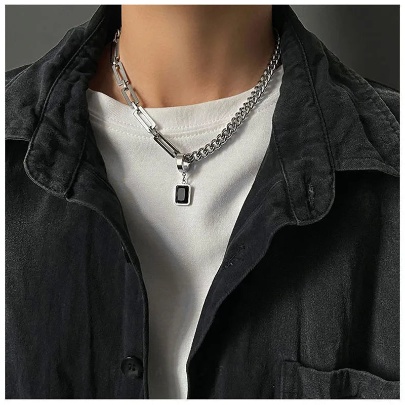 Stainless Steel Cuban Chain Choker Necklace for Men Black Square Pendant Necklace Male Neck Chains Cool Hip Hop Neck Jewelry New