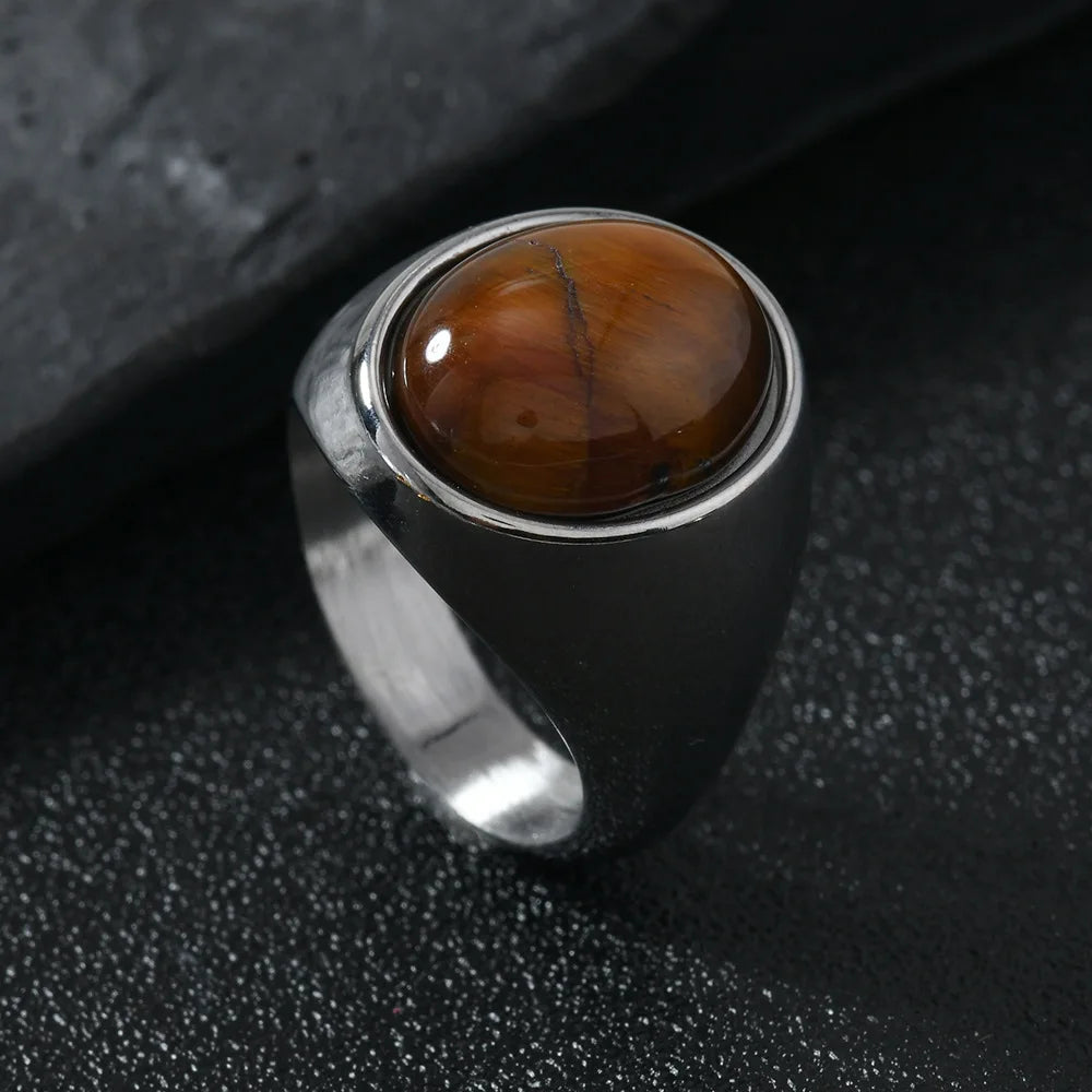 HNSP 316L Stainless Steel Oval Natural Stone Ring For Men Women Finger Vintage Jewelry Black Green Tiger Eye Male Rings