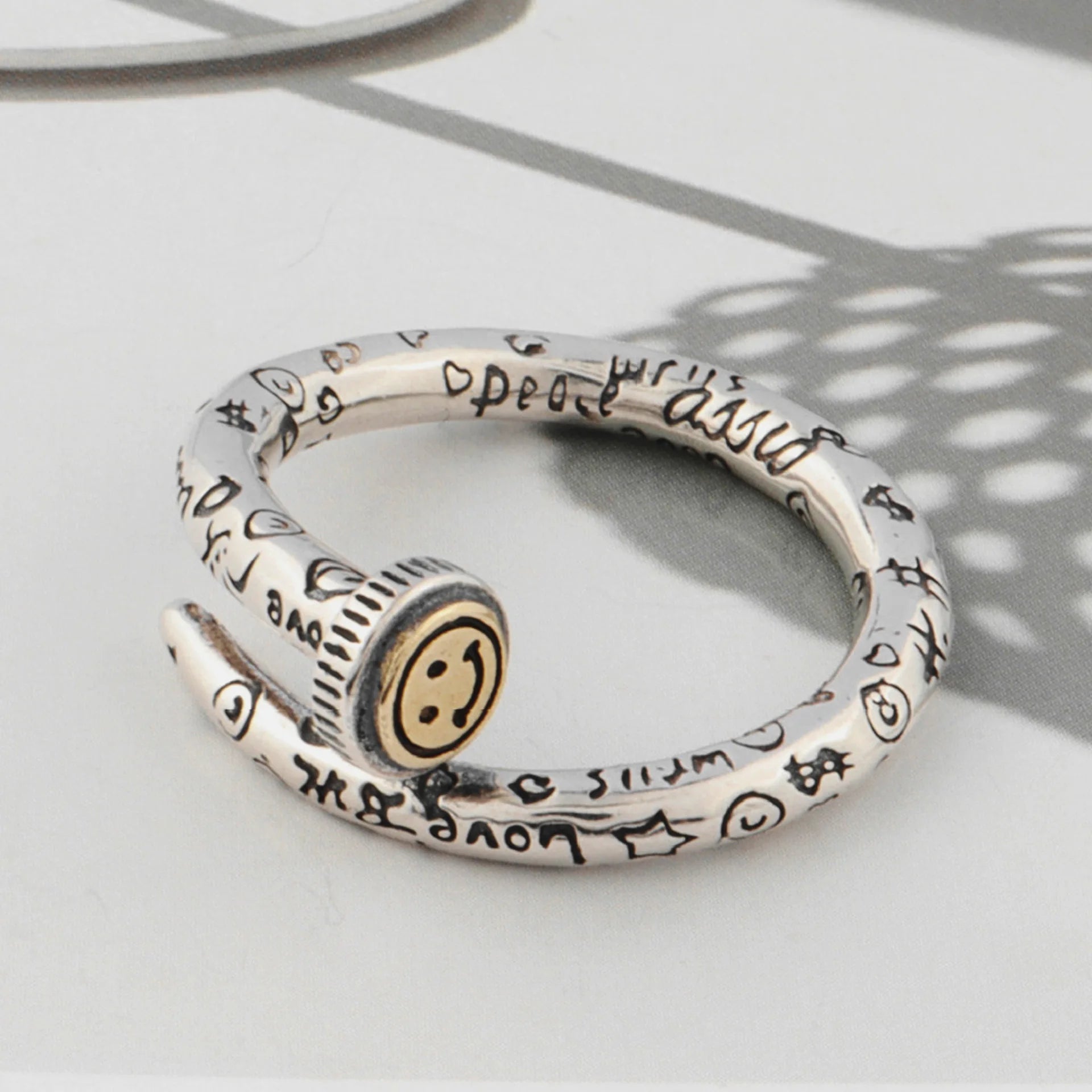 Retro Smile Face Graffiti Nail Adjustable Open Ring For Women Punk Gothic Copper Unisex Jewelry Edgy Couple Accessories Gift