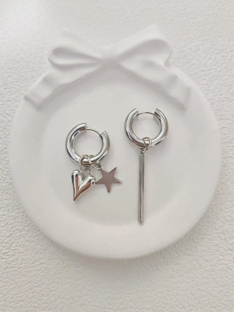 Fashion Punk Long Heart Star Pendant Earrings For Women Simple Geometric Circular Ear Buckle Trendy Jewelry Gift