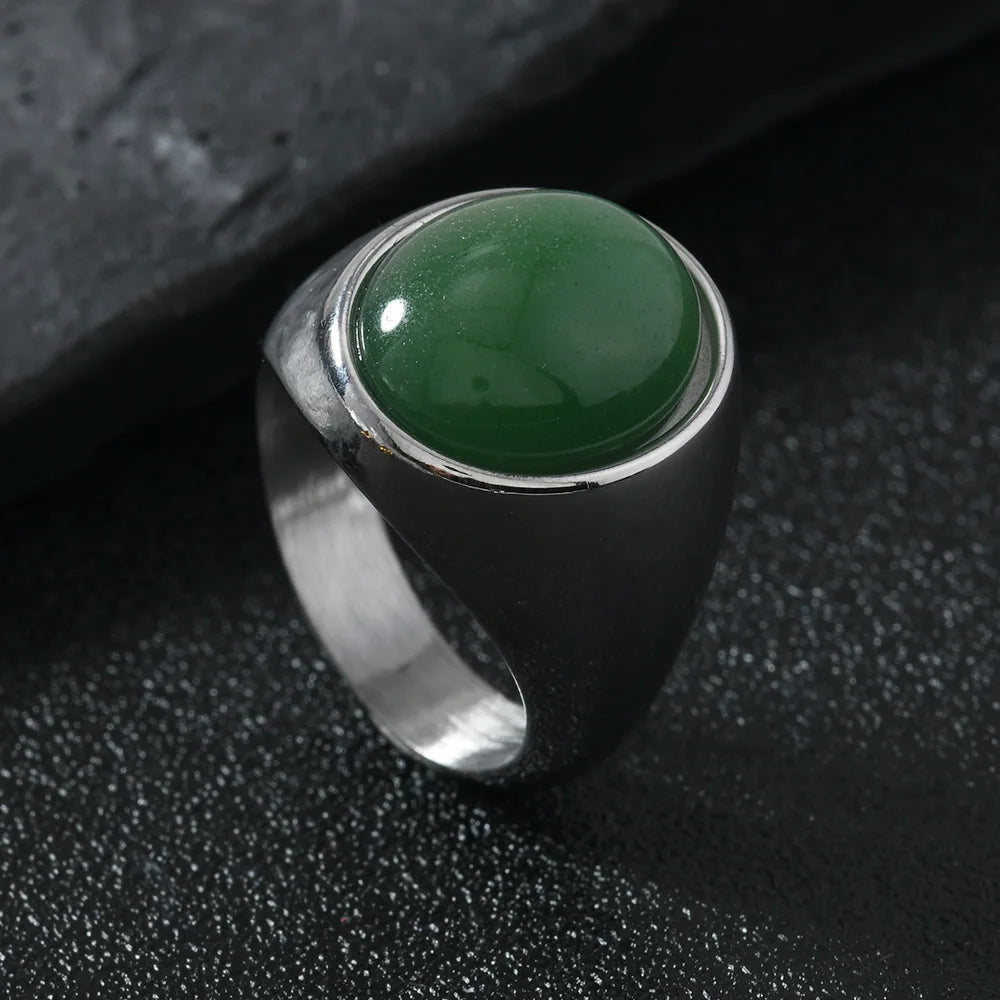 HNSP 316L Stainless Steel Oval Natural Stone Ring For Men Women Finger Vintage Jewelry Black Green Tiger Eye Male Rings